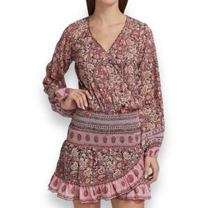 Bell by Alicia Bell Evelyn Smocked Silk Blend Voile Pink Paisley Mini Dress NWOT